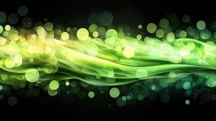 Fototapete - A vibrant abstract design featuring fluid green waves and glowing bokeh effects, perfect for backgrounds or digital art projects.