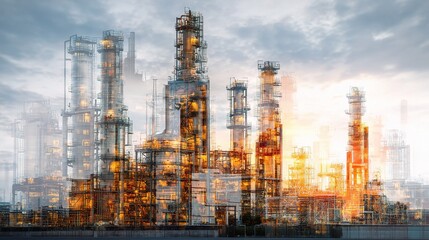 Poster - Double Exposure Illustration of Industrial Landscape with Generative AI