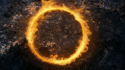 Poster - Abstract ring of vibrant flames encircling a dark, rough surface, creating a surreal, fiery portal effect with textures and warm lighting.