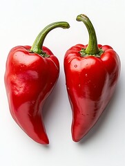 Poster - Two bright red bell peppers with shiny skin showcasing their natural shapes against a clean white backdrop : Generative AI