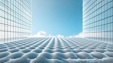 Poster - Futuristic Cityscape: Glass Buildings and Abstract Wavy Surface. Modern Architectural Design, Urban Scene, Digital Art.