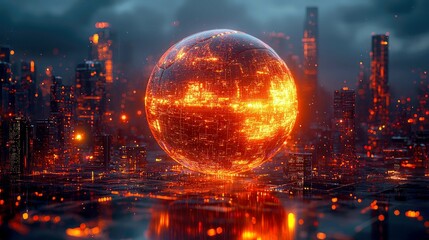 Poster - Futuristic Cityscape: Glowing Sphere Network in a Cyberpunk Metropolis
