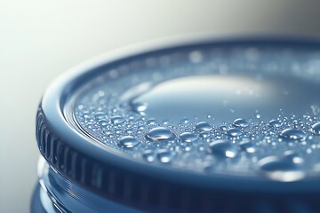 Leinwandbilder - Close-Up of Water Droplets on Smooth Surface of a Blue Container Capturing Light and Reflection : Generative AI