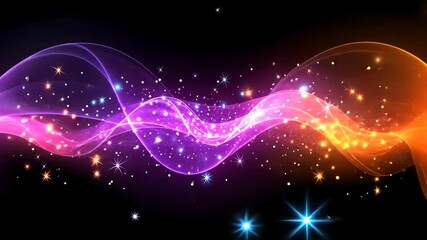 Poster - Abstract bright light wave with glittering stardust particles, glowing and shiny decoration on black background, dynamic design