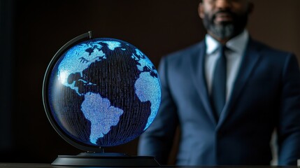 Poster - A stylized globe with illuminated continents stands prominently, while a suited individual blurred in the background adds a professional context.