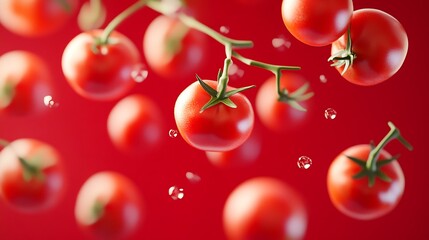 Poster - Fresh ripe tomatoes on vine splashing against a vibrant red background creating lively imagery : Generative AI