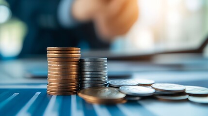 Aufkleber - Stacks of Coins with a Blurred Background Symbolizing Financial Stability and Growth : Generative AI
