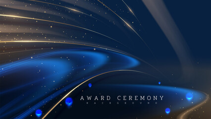 Wall Mural - Blue luxury background with effect Glowing with bokeh and golden curves, this elegant backdrop design concept is ideal for product promotions and award ceremonies.
