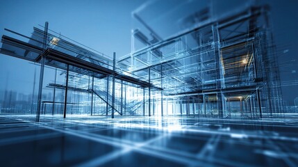 Poster - 3D Construction Site Blueprint Layers in Blue Tone Visualization