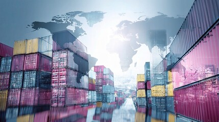 Poster - Double Exposure of Global Shipment with Shipping Containers and Map