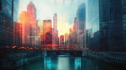 Poster - Double Exposure Creative Financial Chart in Urban Cityscape
