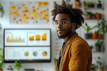 Aufkleber - A young professional with glasses stands beside a display showcasing vibrant data visualizations and charts in a modern office.