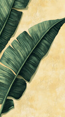 Aufkleber - Two large green banana leaves on a textured beige background, creating a tropical, summery aesthetic, suitable for design and branding concepts, showcasing free space for text