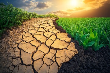 Poster - Dramatic Scene of Cracked Soil Next to Lush Green Fields at Sunset With Clouds Above : Generative AI