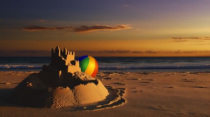 Poster - Charming sandcastle with a beach ball during a serene sunset at the ocean : Generative AI
