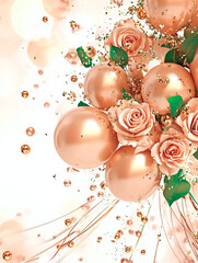 Poster - Elegant bouquet of glossy peach balloons with soft pink roses and green leaves, surrounded by golden sparkles and a light festive background
