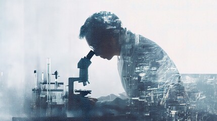 Poster - Double Exposure of Scientist Working in Laboratory with Microscope