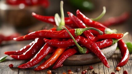 Poster - Fresh Red Chili Peppers Arranged on a Rustic Wooden Surface Ready for Cooking : Generative AI