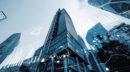 Poster - Blue Themed Skyscraper Against Urban Skyline with Hovering Elements
