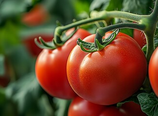 Poster - Luscious Red Tomatoes on Vine Sparkling with Fresh Morning Dew in Home Garden : Generative AI