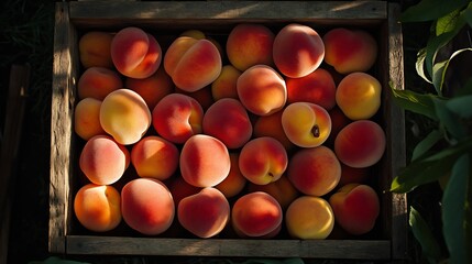 Poster - Wooden box filled with ripe peaches showcasing a bountiful summer harvest underneath gentle sunlight : Generative AI