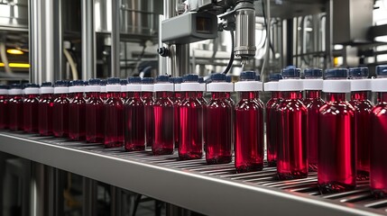 Poster - Close up view of a factory production line with bottles of red liquid on a conveyor belt : Generative AI