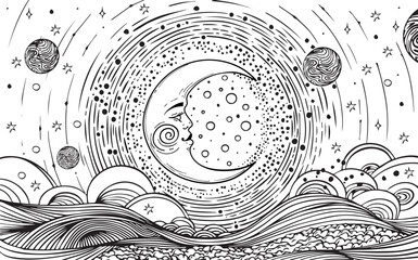 Wall Mural - heavenly coloring page for adults with crescent moon with face, universe with planets, stars and clo