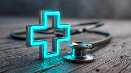 Aufkleber - Glowing teal neon cross beside a stethoscope on rustic wood, symbolizing healthcare, medicine, or medical services.  Clean, professional image ideal for medical websites or presentations.