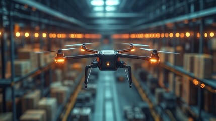 Leinwandbilder - A drone navigates through a large logistics center, efficiently managing inventory and enhancing the speed of warehouse operations amid a bustling distribution environment.