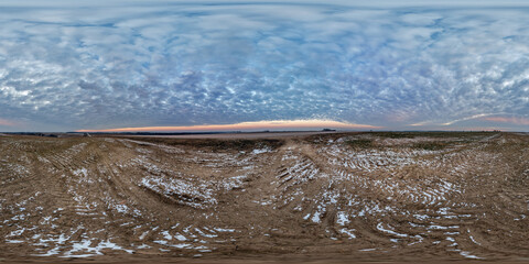 Wall Mural - hdri 360 panorama on gravel road among farming fields with tire tracks in equirectangular full seaml