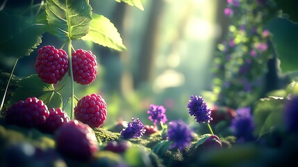 Poster - Lush forest floor adorned with ripe raspberries and vibrant purple flowers illuminated by soft sunlight : Generative AI