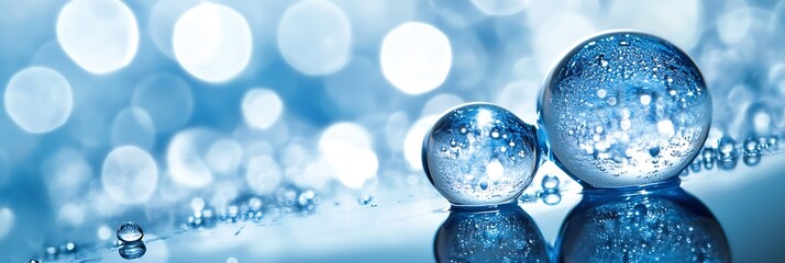 Leinwandbilder - Close up of crystal clear water droplets on round glass balls beautifully reflecting blue light in a serene atmosphere : Generative AI