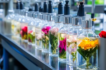 Aufkleber - Vibrant floral arrangements in clear bottles presenting a fresh perspective on indoor decor : Generative AI