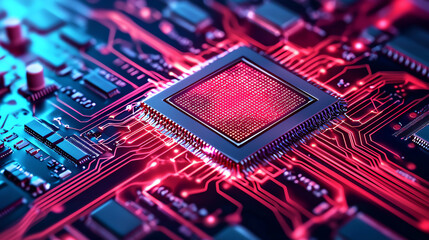 Poster - Detailed view of a computer chip on a circuit board, showcasing intricate designs and vibrant colors in a tech-focused environment.