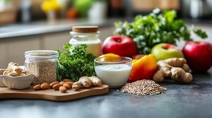 Poster - Healthy assortment of fruits and vegetables laid out on a kitchen countertop for nutritious meal ideas : Generative AI