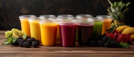 Aufkleber - Colorful Array of Healthy Fruit Smoothies in Cups with Fresh Ingredients and Garnishes on Display : Generative AI