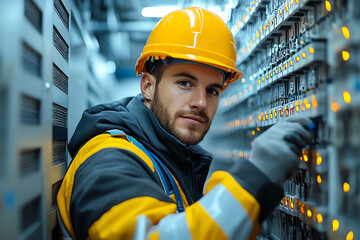 Aufkleber - Focused technician adjusting electrical panels with safety gear, ensuring efficient power distribution in a modern facility.