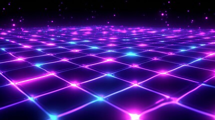 Fototapete - Vibrant Neon Grid Background with Sparkling Lights in Blue and Pink Gradient Design : Generative AI