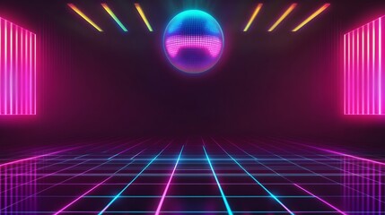 Aufkleber - Vibrant Neon Dance Floor with Shimmering Disco Ball and Stripe Lights for Party Atmosphere : Generative AI