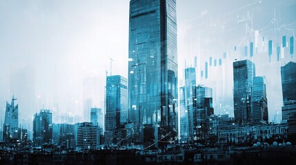 Poster - Blue Themed Skyline with Skyscrapers and Futuristic Elements