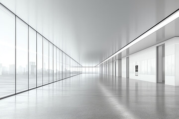 Aufkleber - Modern interior of a spacious, glass-walled corridor reflecting minimalistic design and natural light.