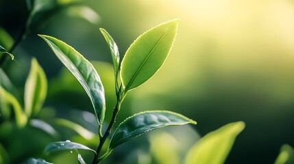 Poster - Fresh green tea leaves highlighted by gentle sunlight showcasing the essence of nature and growth : Generative AI