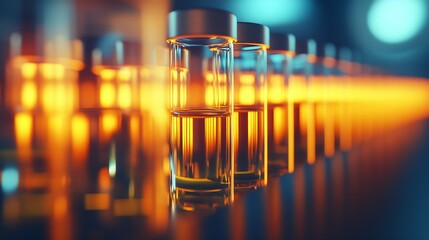 Poster - Glistening Glass Test Tubes Filled with Amber Liquid Creating a Stunning Visual Effect with Light Reflections : Generative AI