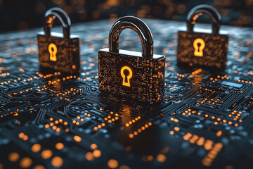 Poster - Three digital locks illuminated against a circuit board, symbolizing cybersecurity and data protection in technology-focused environments.