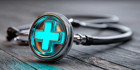 Aufkleber - Close-up of metallic stethoscope with glowing cyan cross, resting on wood surface, symbolizing healthcare, medical technology, and patient care