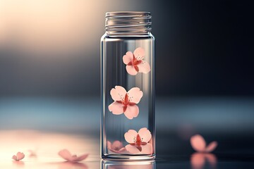 Poster - A stunning presentation of cherry blossom flowers captured in a glass bottle filled with clear water : Generative AI