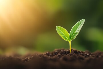 Poster - Fresh green plant seedling with two leaves breaking through fertile soil in early morning light : Generative AI
