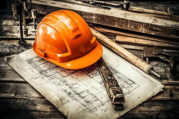 Poster - Detail Shot of Bright Orange Hard Hat on Blueprint Papers Surrounded by Wood and Tools : Generative AI