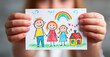© Polina Ponomareva - Little girl holding a drawing of her family and a house.