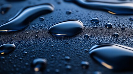 Leinwandbilder - High resolution image of various water droplets on a smooth dark surface creating an abstract pattern : Generative AI